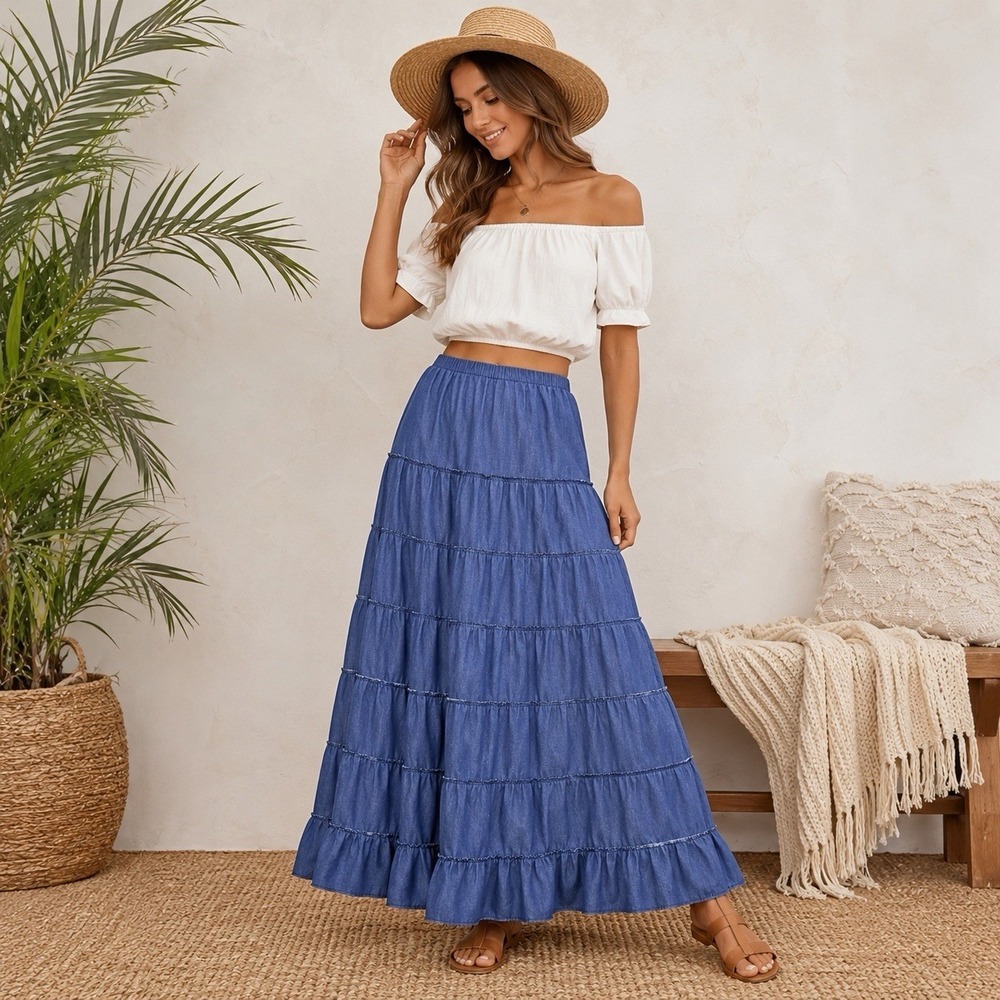 Metro Wear Blue Cotton Tiered Peasant Maxi Skirt Boho Coastal M Lightweight